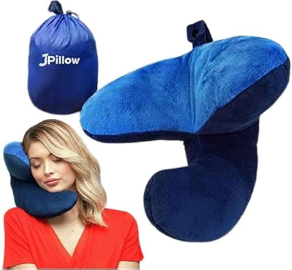 J-Pillow Travel Pillow + Carry Bag, (No Scarf) - Chin & Neck Support in Any Sitting Position, Travel Pillow for Aeroplane - (Blue) Blue