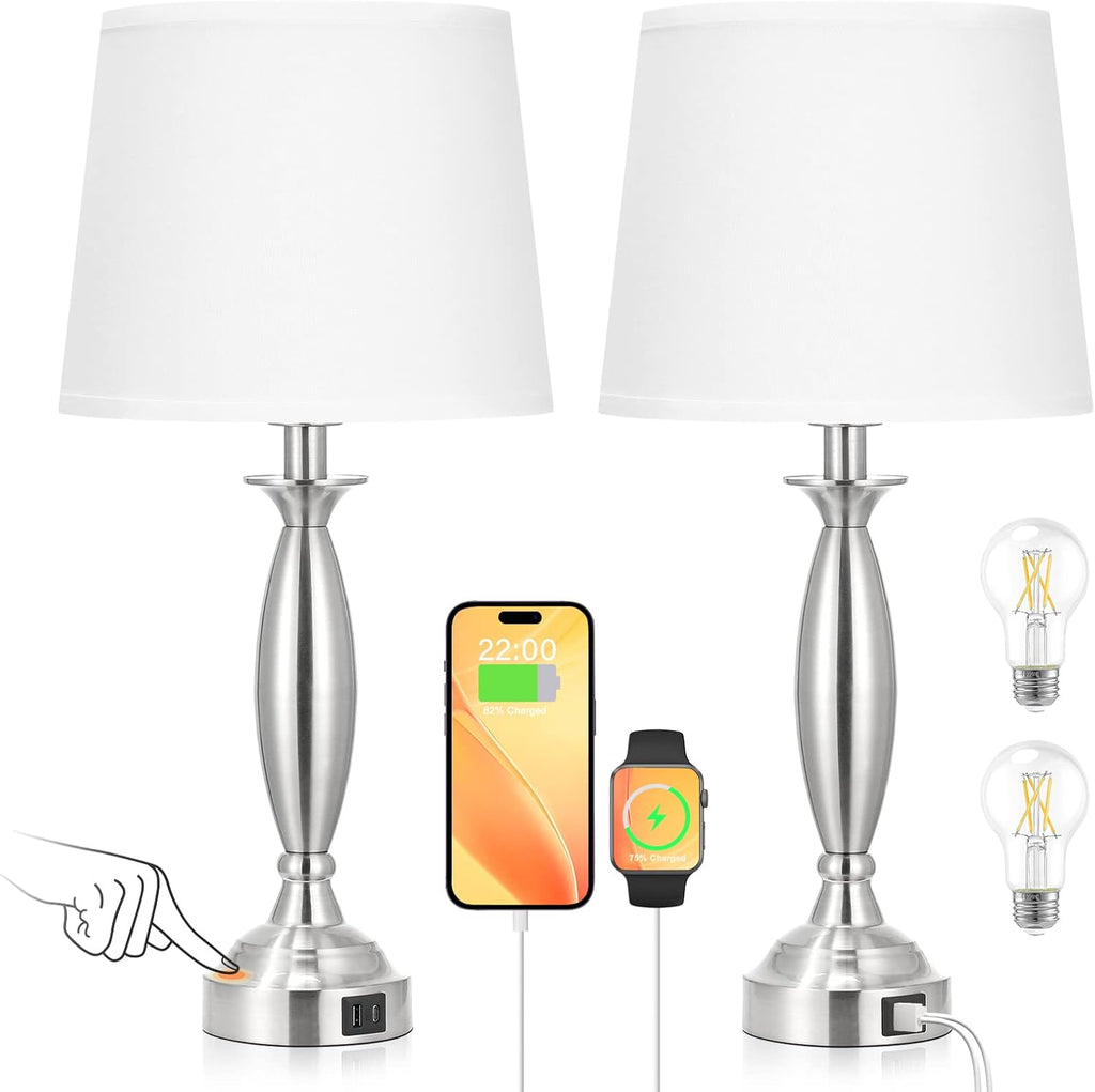 Seealle White Lamps for Bedrooms Set of 2 - Touch Control Bedside Lamp with USB C+A, 3 Way Dimmable Nightstand Lamps with USB Port, Table…
