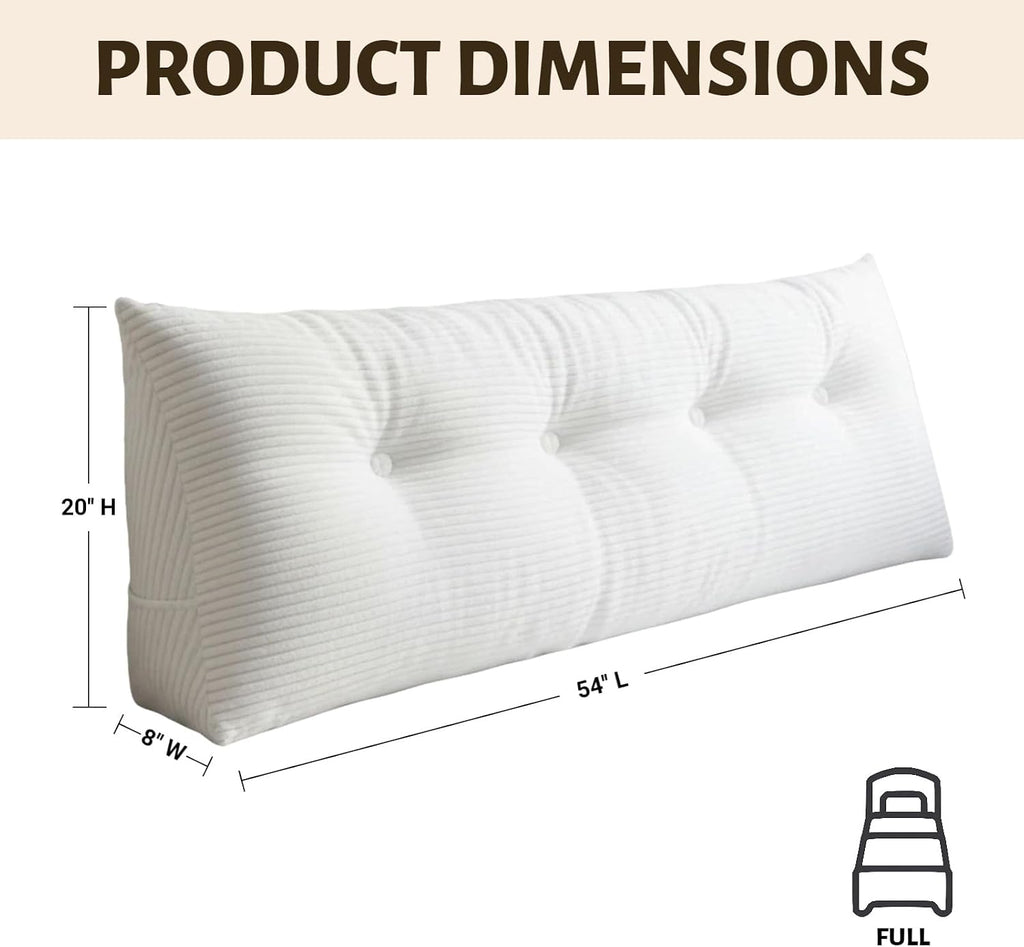 Wedge Reading Pillow Headboard Full Size, Headboard Bolster Pillow for Bed, Triangular Backrest Cushion with Removable Corduroy Cover, White