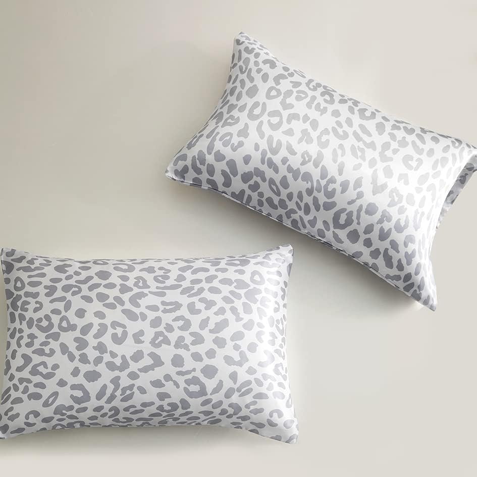 Lcbd Satin Pillowcase King Size for Hair and Skin, Silvergrey Leopard Printed Pillow Cases Set of 2, Silky Cheetah Print Pillow Covers with…