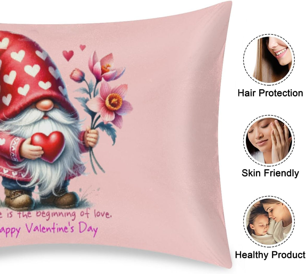 Valentine Pink Rose Gnomes Satin Pillowcase for Hair and Skin Soft Silk Pillow Case with Envelope Closure Cooling Pillow Cases Slip…