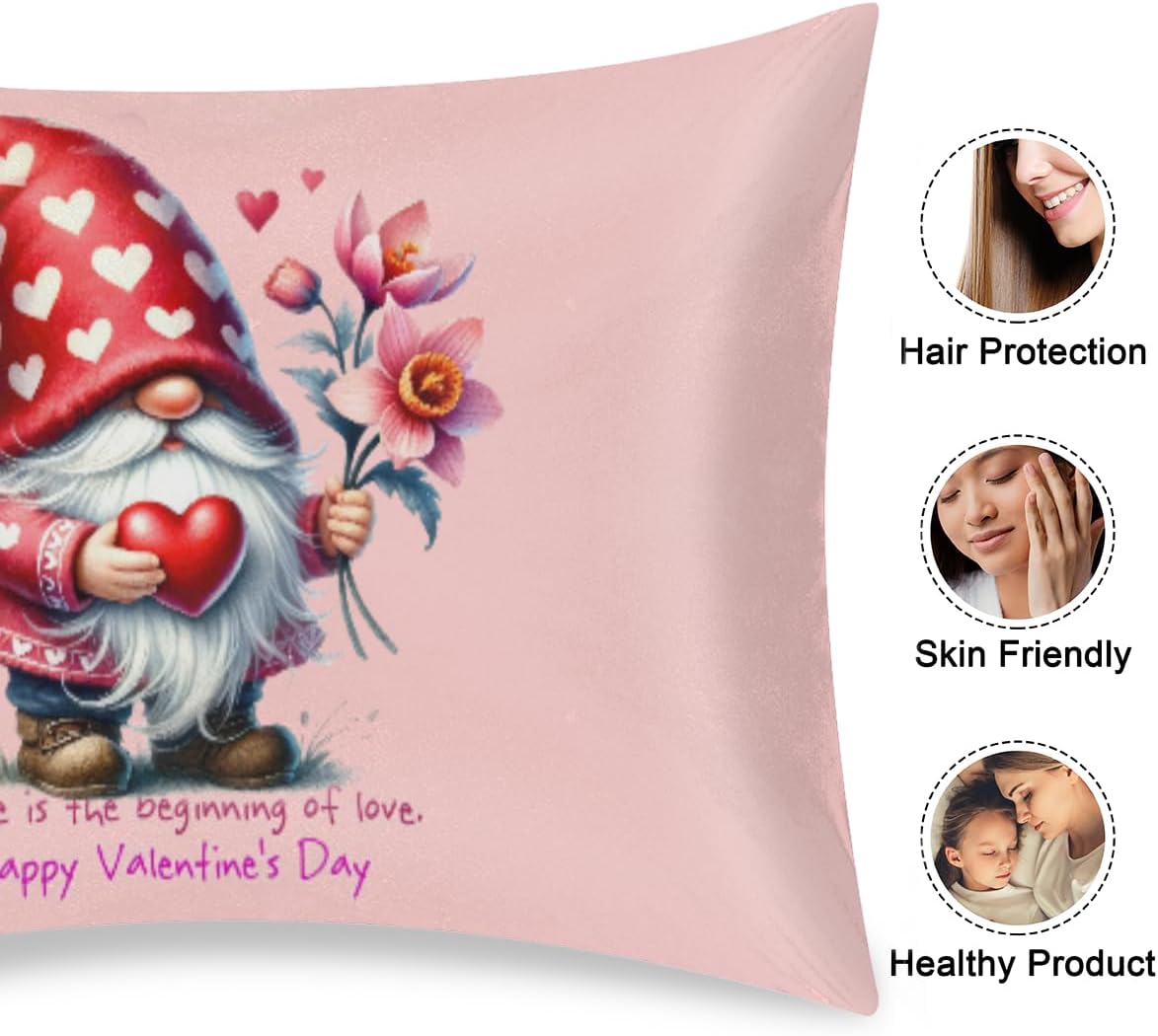Valentine Pink Rose Gnomes Satin Pillowcase for Hair and Skin Soft Silk Pillow Case with Envelope Closure Cooling Pillow Cases Slip…