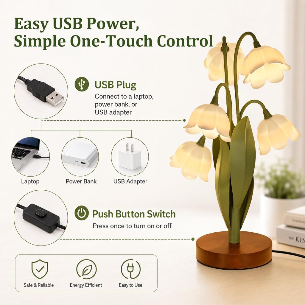 Flower Table Lamp for Bedroom, Cute Reading Light with 5 White Tulip Flower of The Valley, Desk Lamp Bedside Lamps for Nightstands Home…
