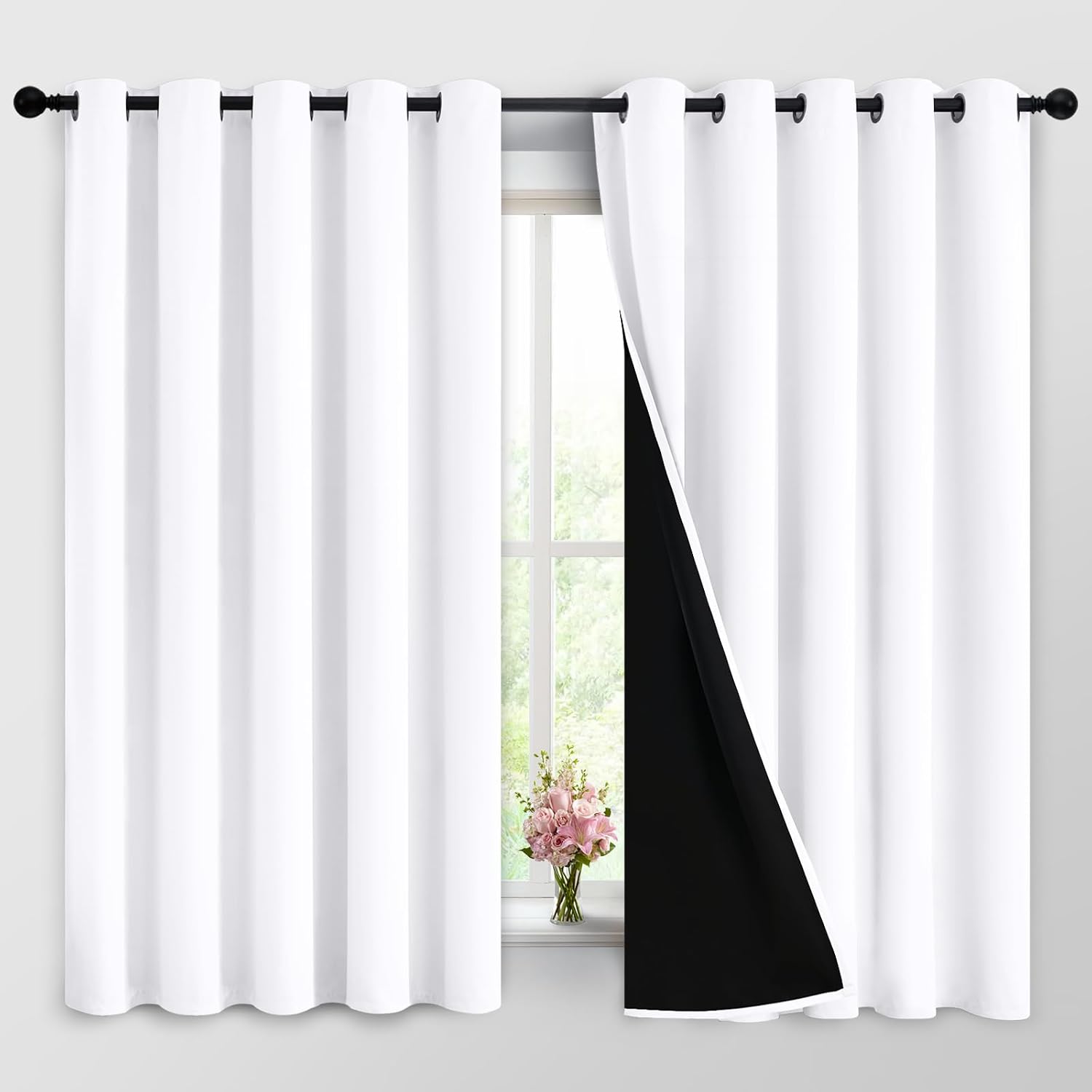 Yakamok 2 Thick Layers Pure White 100% Completely Blackout Curtains Thermal Insulated Room Darkening Drapes for Bedroom(62Wx63L, Pure White…