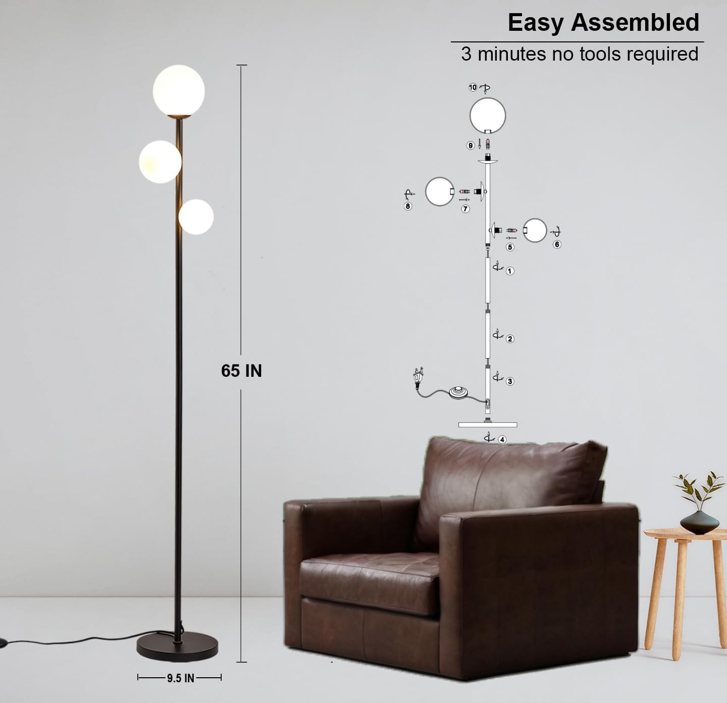 Fiqevs 3 Globe Mid Century Modern Floor Lamp, 3 x 800LM LED Bulbs Included, Matt Black Standing Lamp with Sphere Frosted Glass Shade…