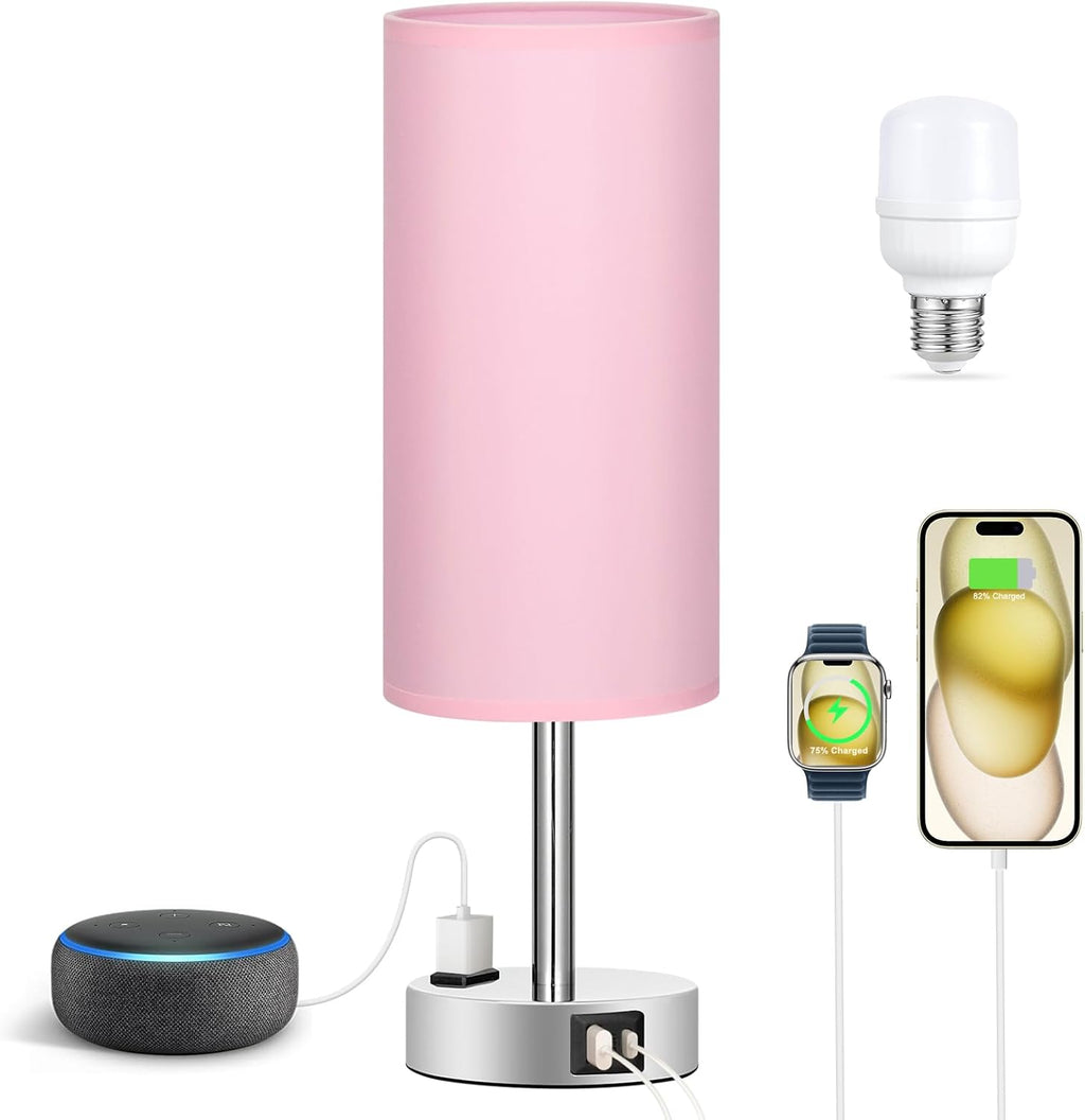Fenmzee Pink Lamp for Bedroom Nightstand - 3 Way Dimmable Touch Table Lamp USB C Charging Ports, Small Lamp with AC Outlet for Desk Girls…