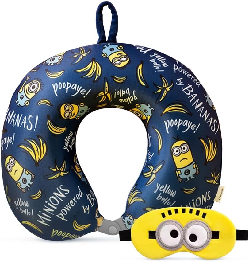 MINISO Minions Travel Neck Pillow with Eye Mask, Cute Cartoon 100% Memory Foam Neck Support Pillow, Lightweight Travelling Pillow Set for…