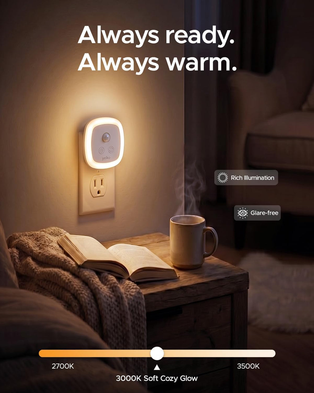 YELKO Motion Sensor Night Light, 5-Level Dimmable with Dusk to Dawn Sensor, Plug in Warm White Anti-Glare LED, Cozy Soft Glow, Adjustable…