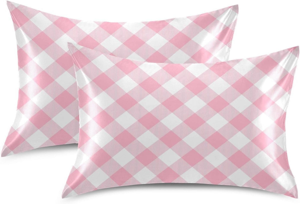 Plaid Squares Pillow Covers Silk Pillowcase for Hair and Skin Breathable Silky Soft Satin Pillowcase Queen Size Pillow Case for Women…