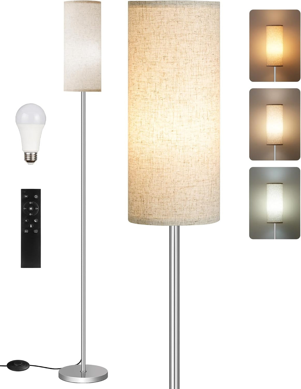 Dimmable Floor Lamps for Living Room with Remote and Foot Switch, 64.4” Modern Standing Tall Lamp, Corner Lamp for Bedroom, Office, Bulb…