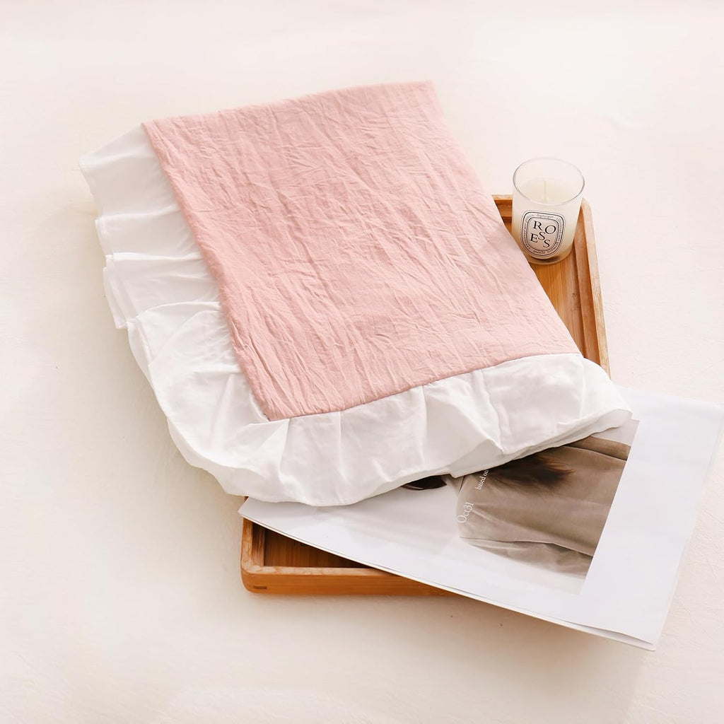 Merryword Pink Pillow Shams Standard Pillowcases 20x26inch Pink and White Reversible Cute Pillow Cover Set of 2 Soft Shabby Chic Ruffled Pi…