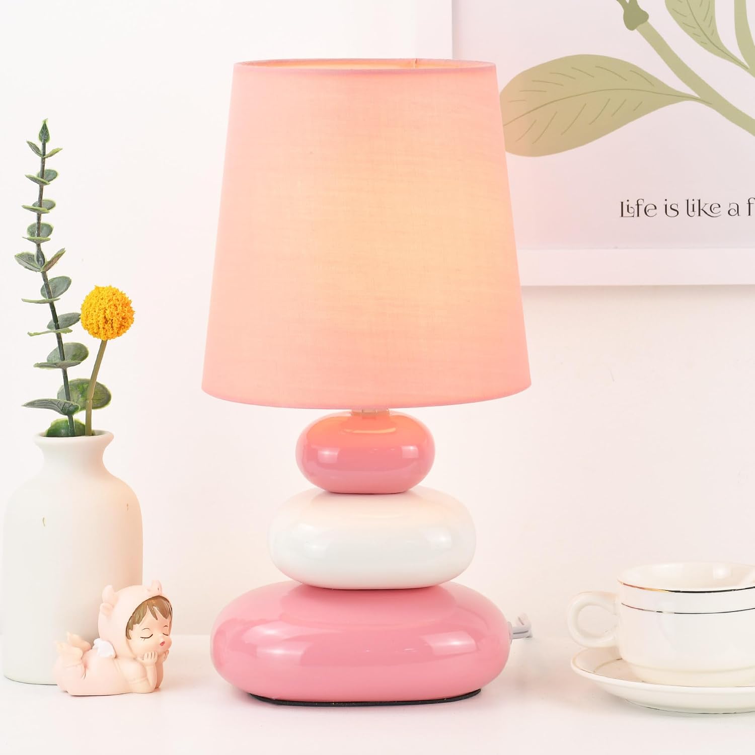 LULE Pink Small Table Lamp for Living Room as Bedside Table Lamp for Bedroom, Modern Ceramic Kids Night Table Lamp, Φ6.5×H12.2IN, Bulb Excluded