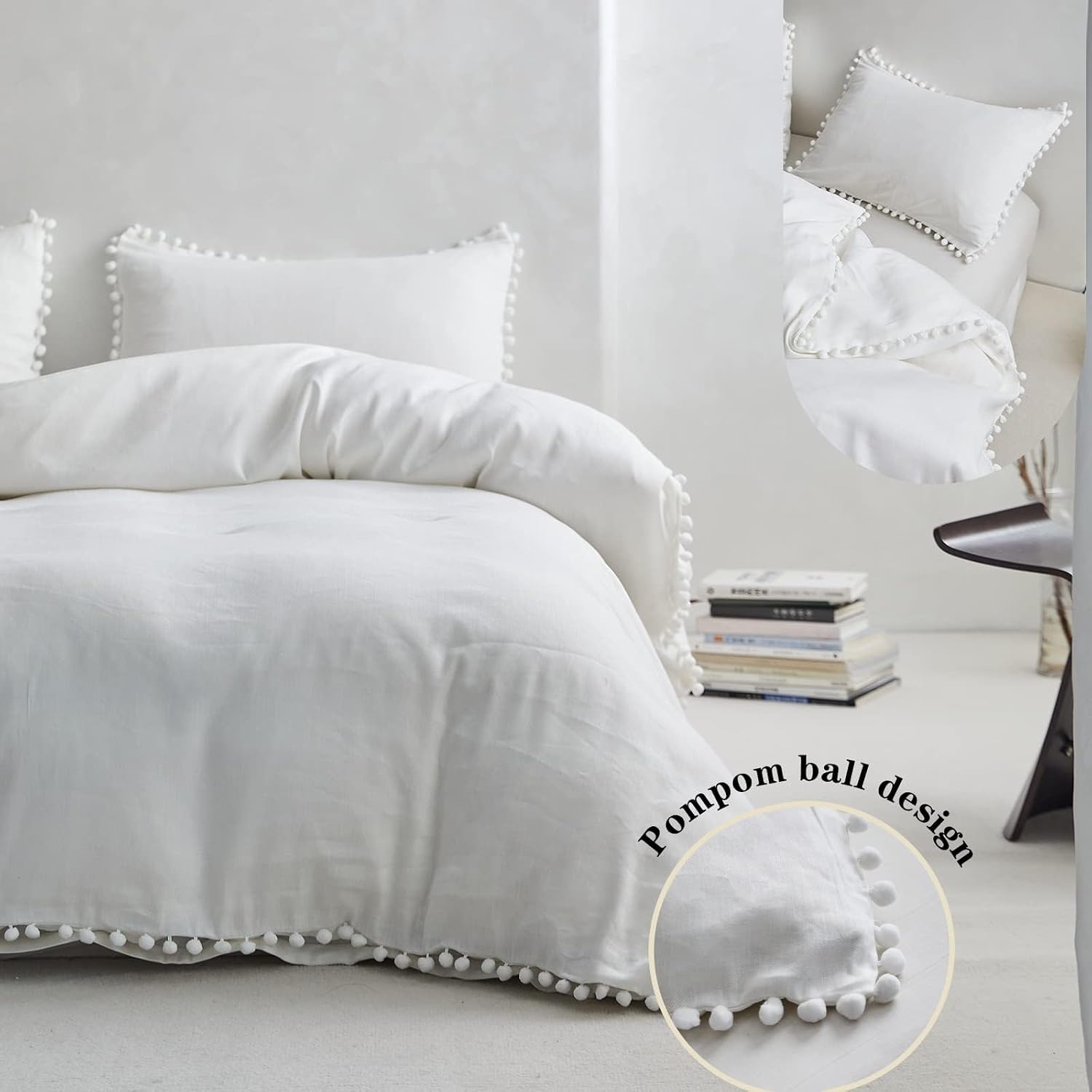 Simple&Opulence French Linen Blended Duvet Cover Queen, Flax Viscose Derived from Bamboo Bedding Set with Pom Pom Trim Soft Cooling for…