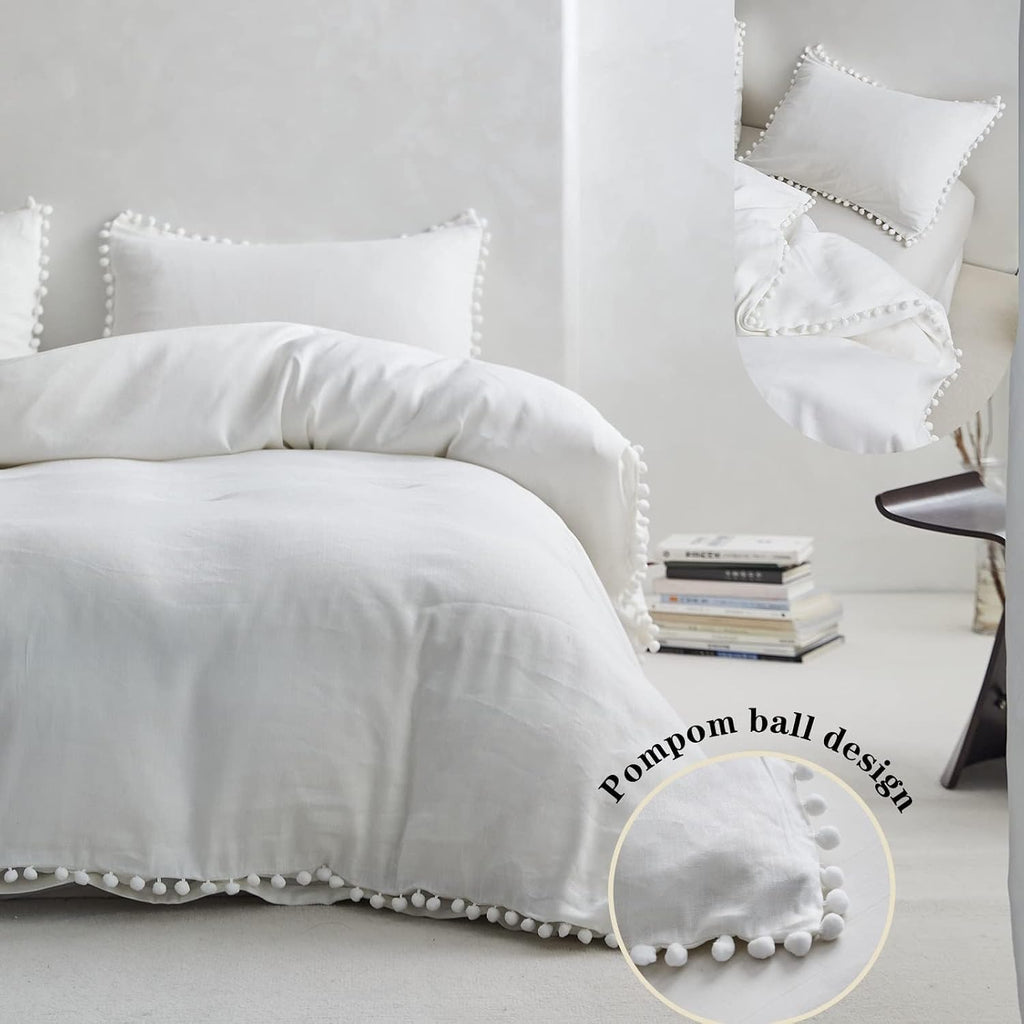 Simple&Opulence French Linen Blended Duvet Cover King, Flax Viscose Derived from Bamboo Bedding Set with Pom Pom Trim Soft Cooling for…