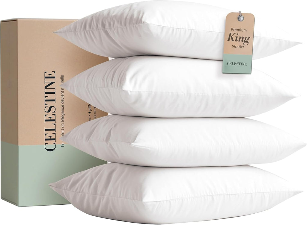 Celestine King Size Bed Pillows Set of 4 – Soft & Supportive Down Alternative Microfiber Filling, Plush White 36x20 Sleeping Pillows for Si…