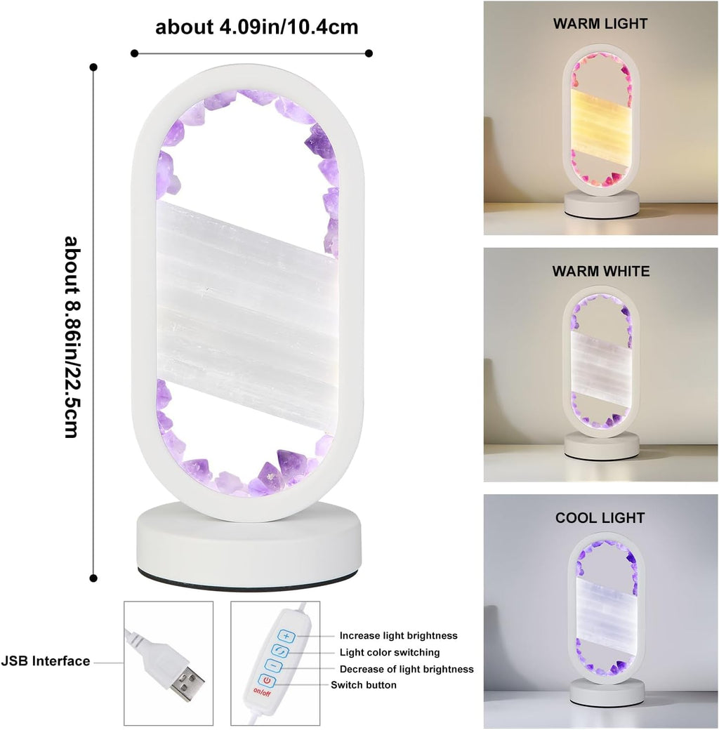 Natural Amethyst and Selenite Crystal Healing Night Table Lamp –3-Color Dimmable Mood Lighting for Meditation Relaxation and Restful…