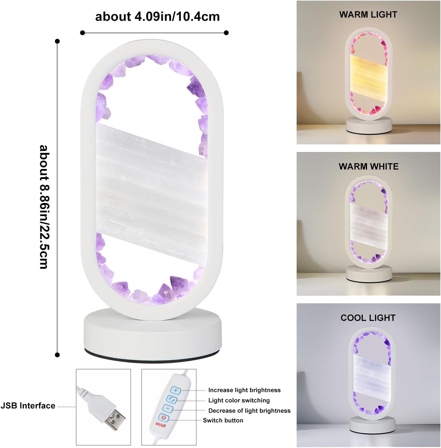 Natural Amethyst and Selenite Crystal Healing Night Table Lamp –3-Color Dimmable Mood Lighting for Meditation Relaxation and Restful…