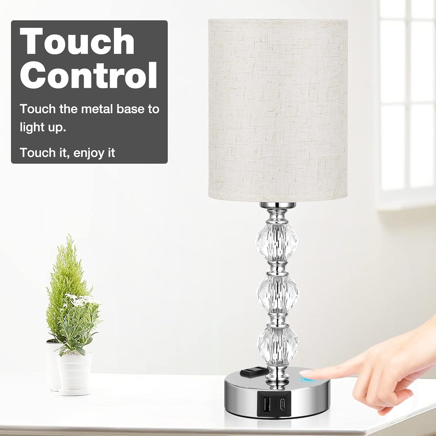 White Touch Bedside Lamps for Bedrooms - Crystal Table Lamp with USB C+A Charging Port and AC Outlet Nightstand, 3 Way Dimmable Silver…
