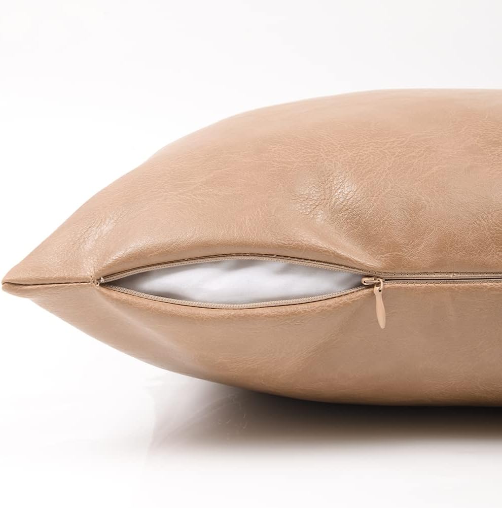 Fancy Homi Tan Long Lumbar Waterproof Faux Leather Decorative Throw Pillow Covers 16x24 Inch for Living Room Couch Bed, Beige Hand…