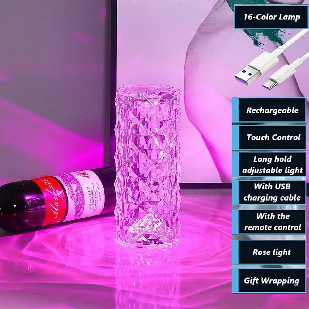 Portable Crystal Table Lamp,16 Color Touch Control Rechargeable Lamp, Crystal Bedside Lamp, Night Light, Room Decor Desk Lamp, Bedroom, Living…