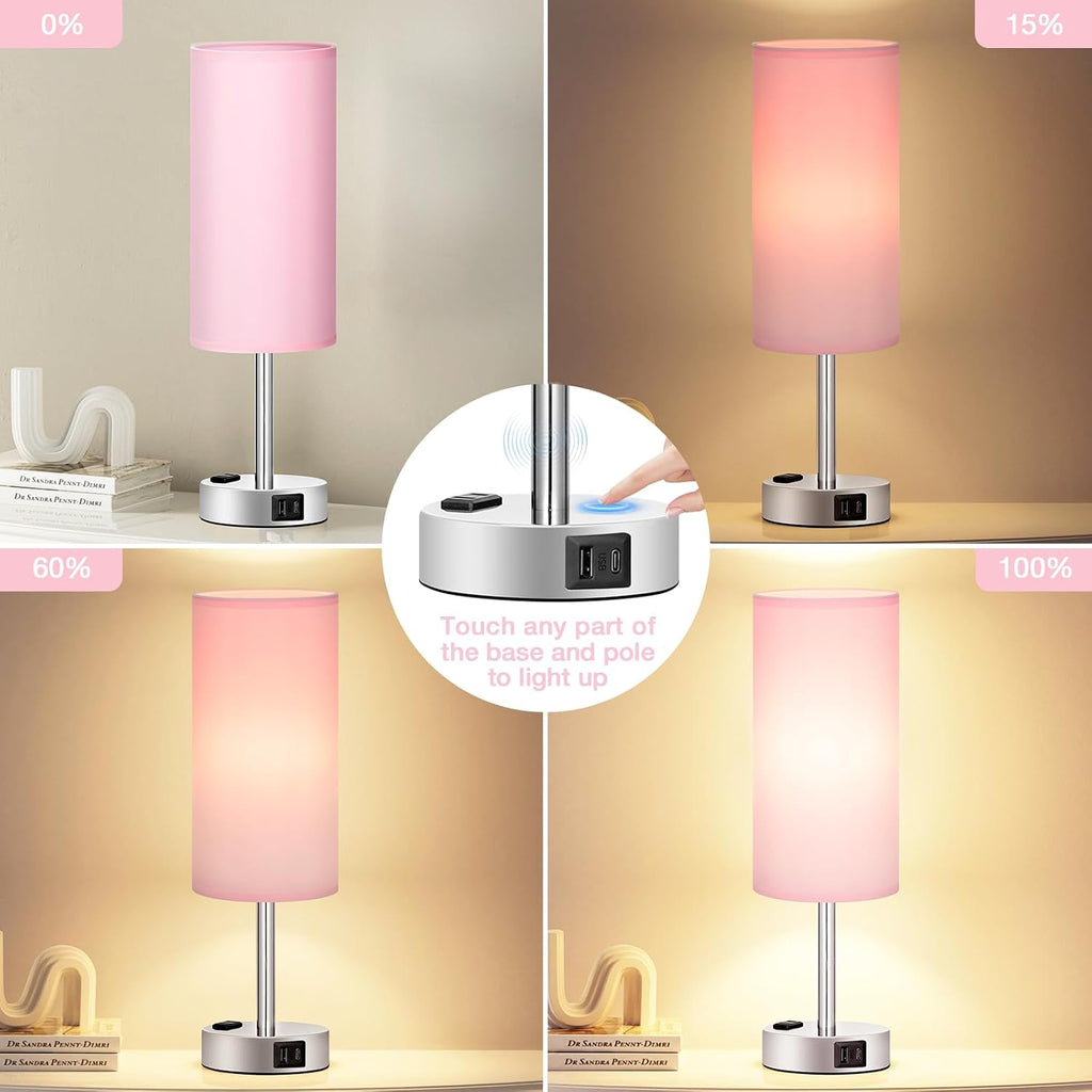 Fenmzee Pink Lamp for Bedroom Nightstand - 3 Way Dimmable Touch Table Lamp USB C Charging Ports, Small Lamp with AC Outlet for Desk Girls…