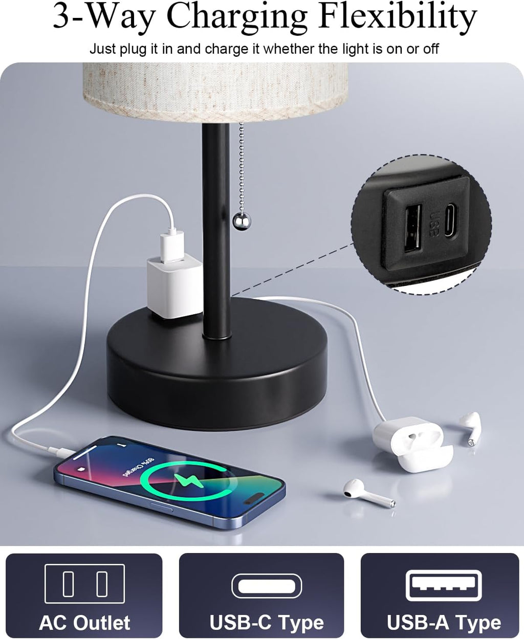 Fenmzee Plus Bedside Table Lamps Set of 2-3 Color Temperatures Pull Chain Lamp with AC Outlet Charging Port, Round Night Stand Lamps for…