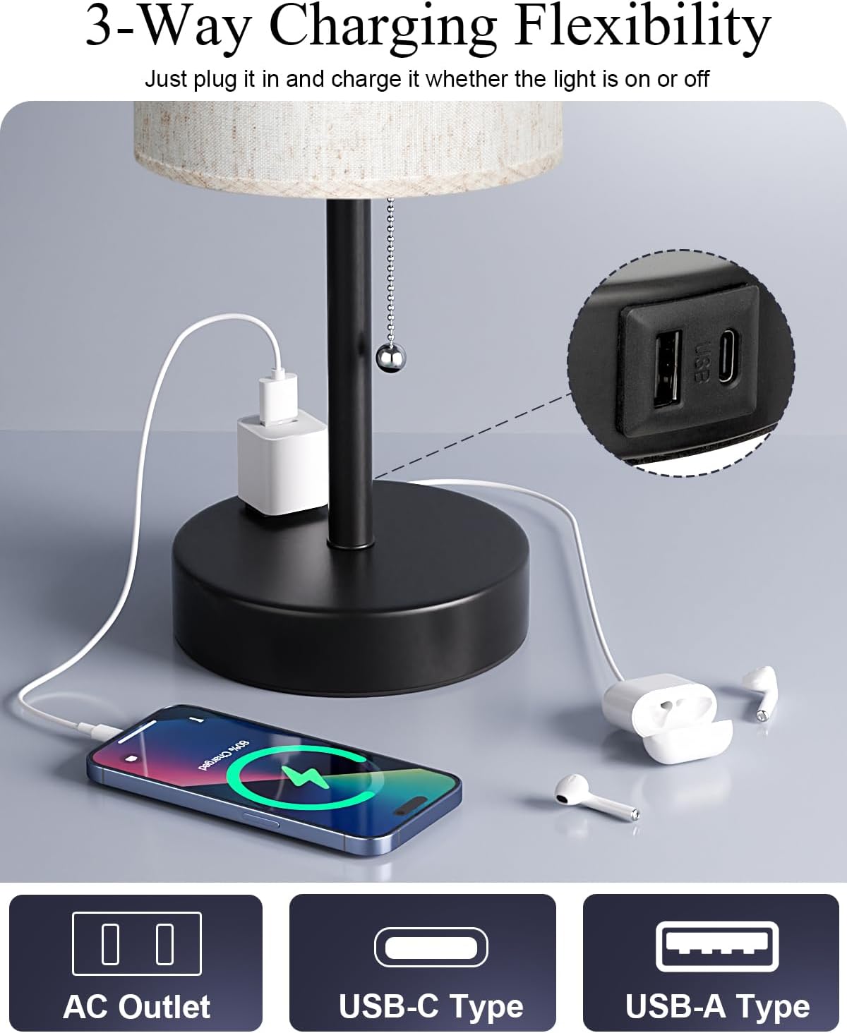 Fenmzee Plus Bedside Table Lamps Set of 2-3 Color Temperatures Pull Chain Lamp with AC Outlet Charging Port, Round Night Stand Lamps for…