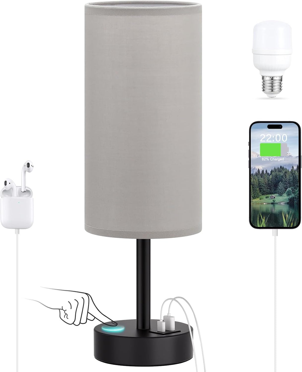 Dicoool Grey Touch Bedside Lamp with USB - 3 Way Dimmable Table Lamp for Bedroom, Nightstand Lamp with Black Charging Station for Desk…