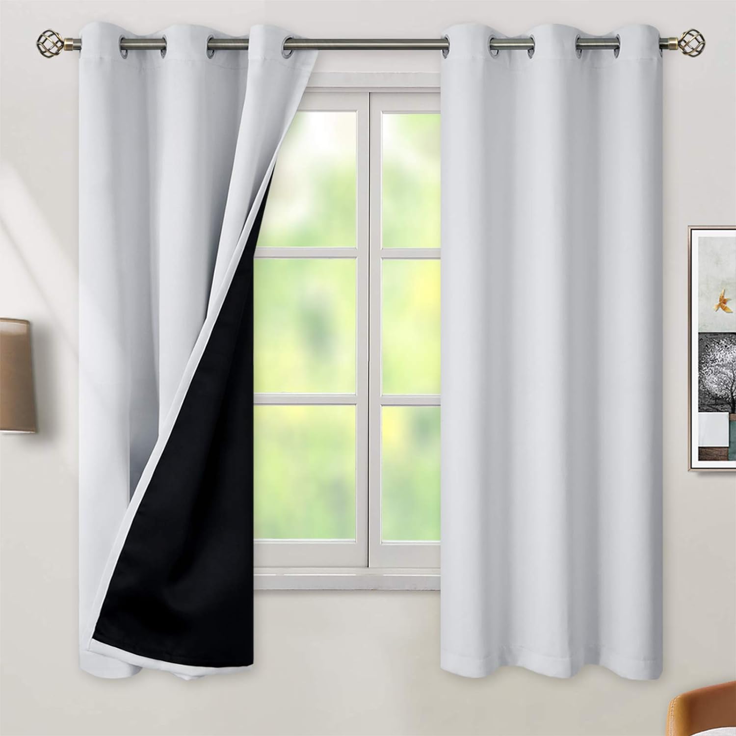 BGment Greyish White 100% Blackout Curtains for Bedroom 63 Inch Length 2 Panels Set, Thermal Insulated Full Light Blocking Grommet Noise Ca…