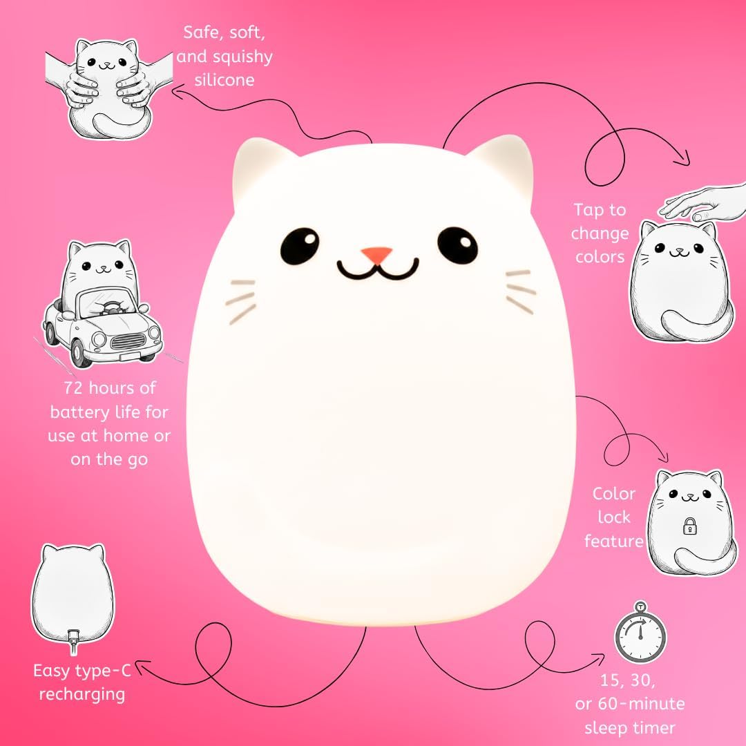 Lumipets Clive the Cat Squishy Silicone Night Light for Kids | Cute Night Light with Remote & Touch Control for Baby & Toddler Bedrooms |…