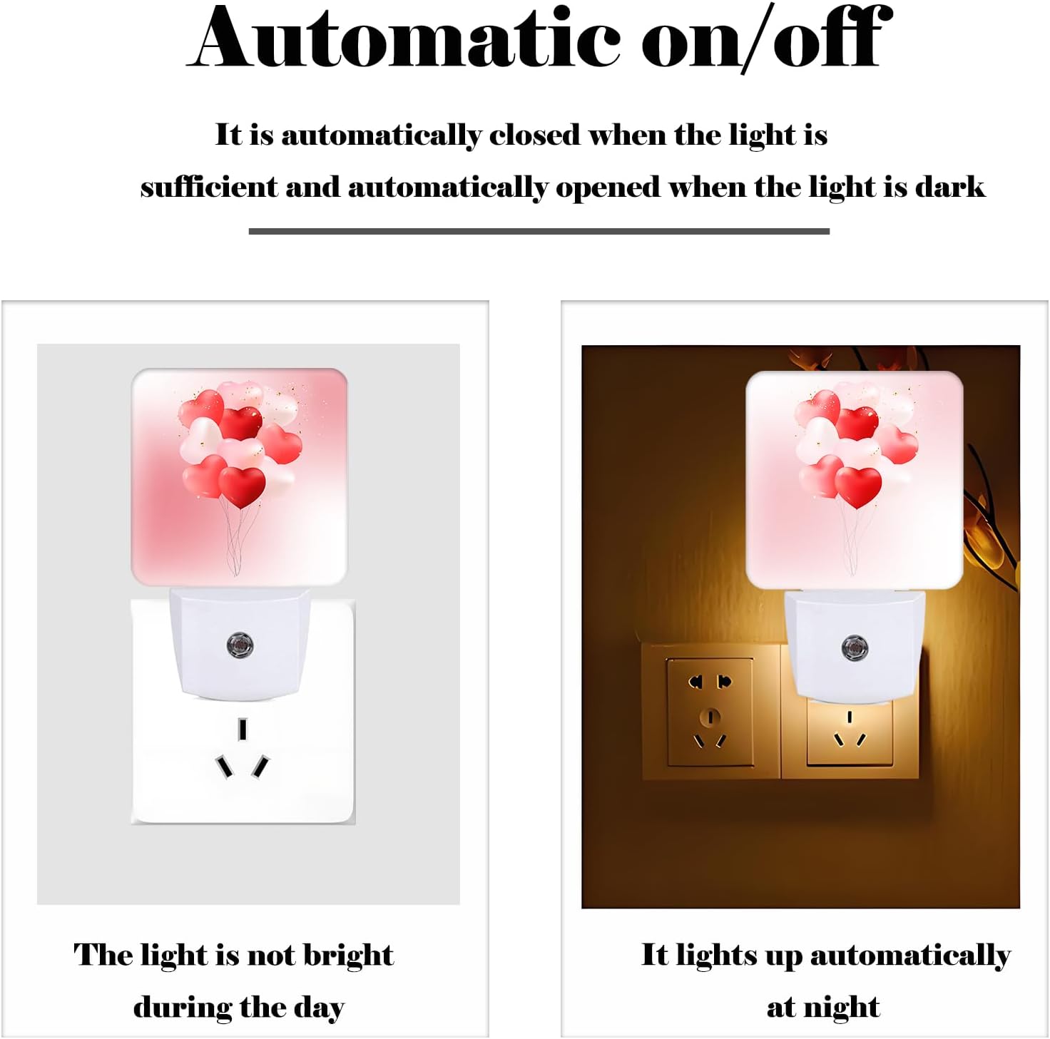 Pink Candy Heart Balloons Night Light, Plug-in Night Lights with Dusk-to-Dawn Sensor for Stairway, Hallway, Bedroom Sleep Friendly Ideal for…