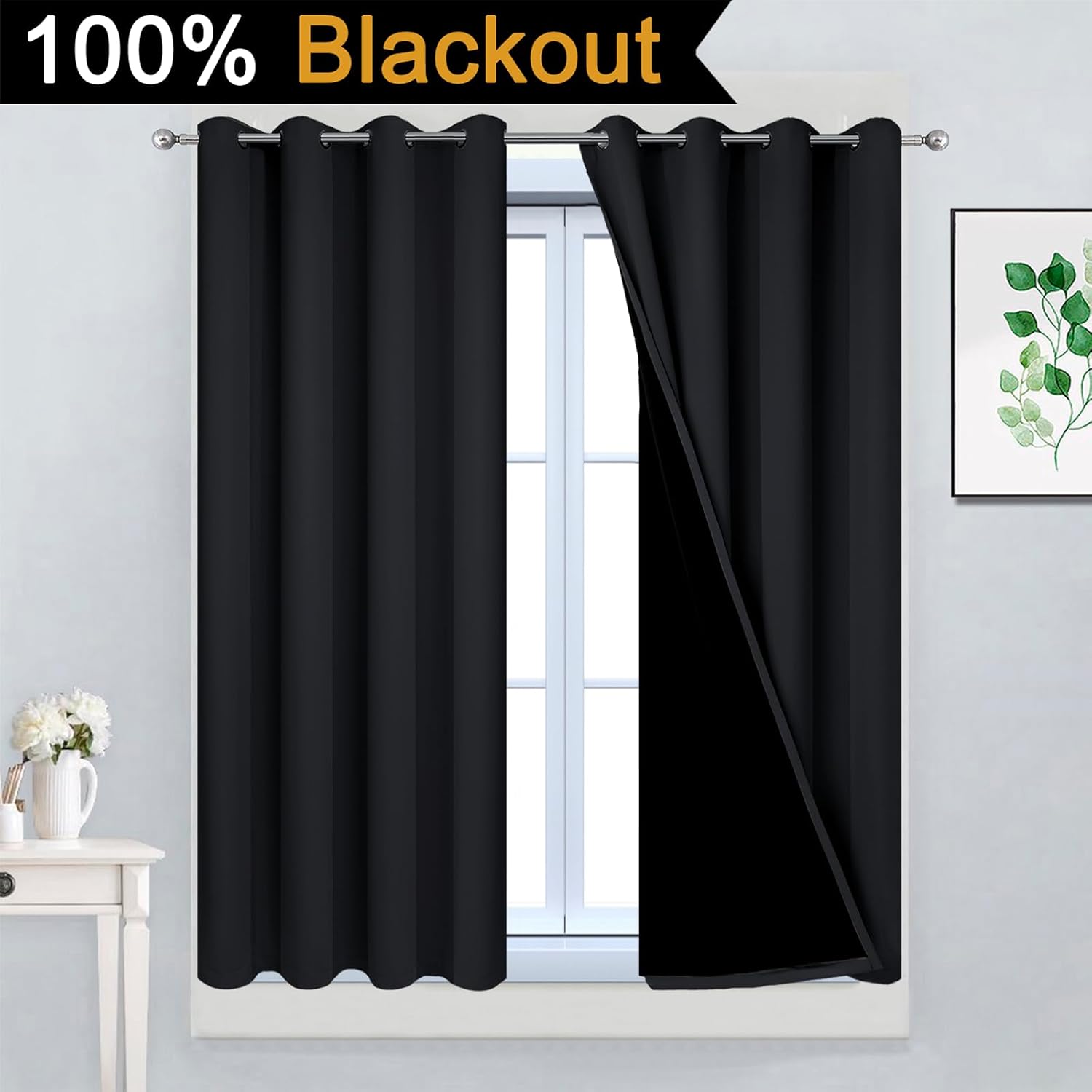 Yakamok 54 Inch Length 100% Blackout Curtains for Bedroom, 2 Thick Layers Thermal Insulated Grommet Total Blackout Drapes with Black Liner…