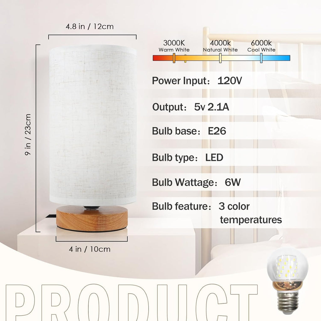 Uchenton 3-Color Adjustable Bedside Table Lamp for Bedroom, Minimalist Wood Base&Round Fabric Shade, Cozy Lighting Nightstand Boho Lamp, Study…