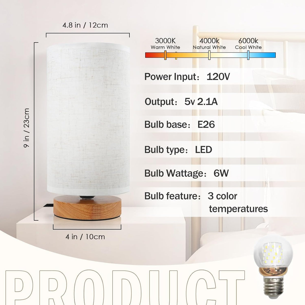 Uchenton 3-Color Adjustable Bedside Table Lamp for Bedroom Set of 2, Minimalist Wood Base&Round Fabric Shade, Cozy Lighting Nightstand Boho L…