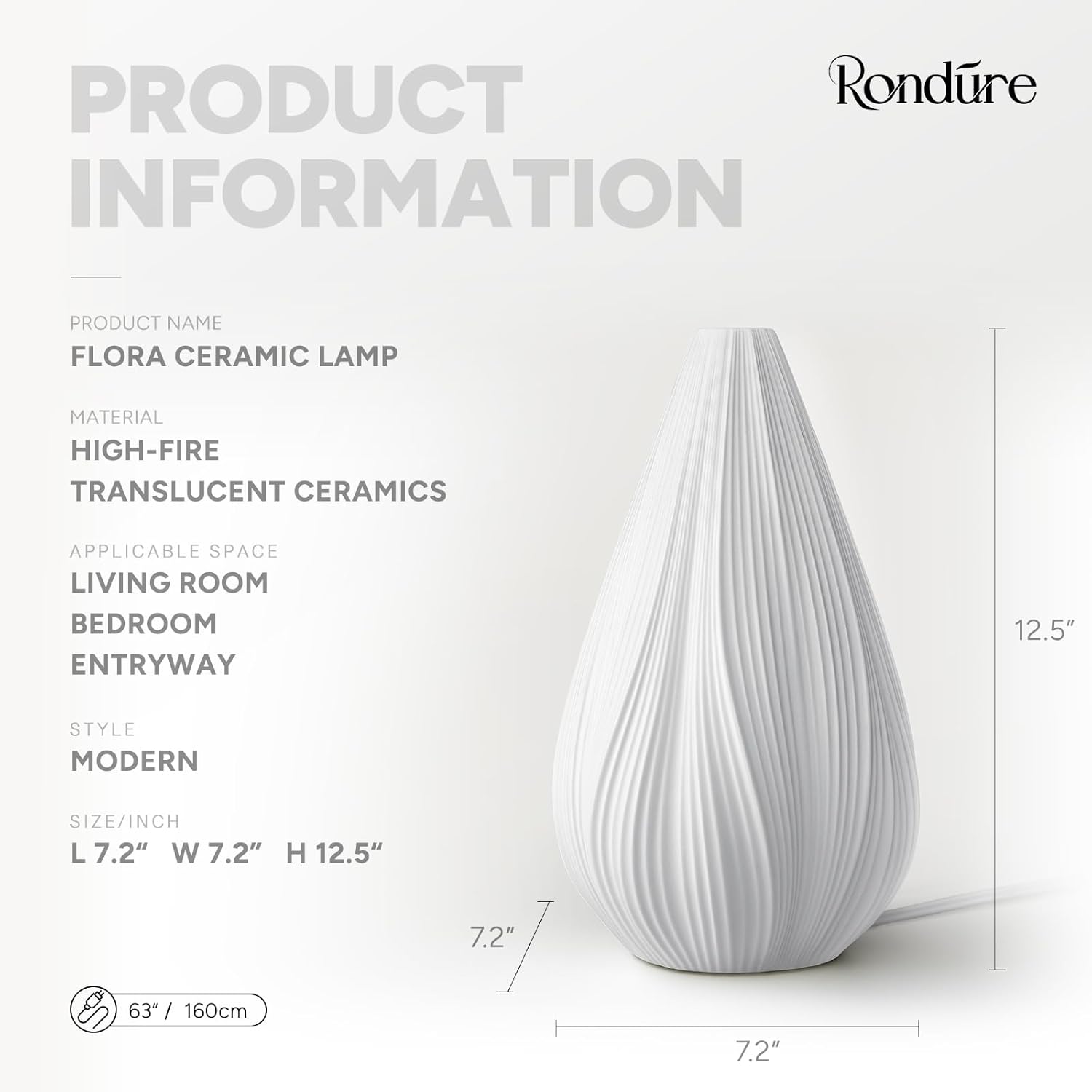 Rondure 12.5" Modern Ceramic Table Lamp, Fully Dimmable Modern Bedside Lamps for Bedroom, Living Room and Nightstand, White Translucent Cer…