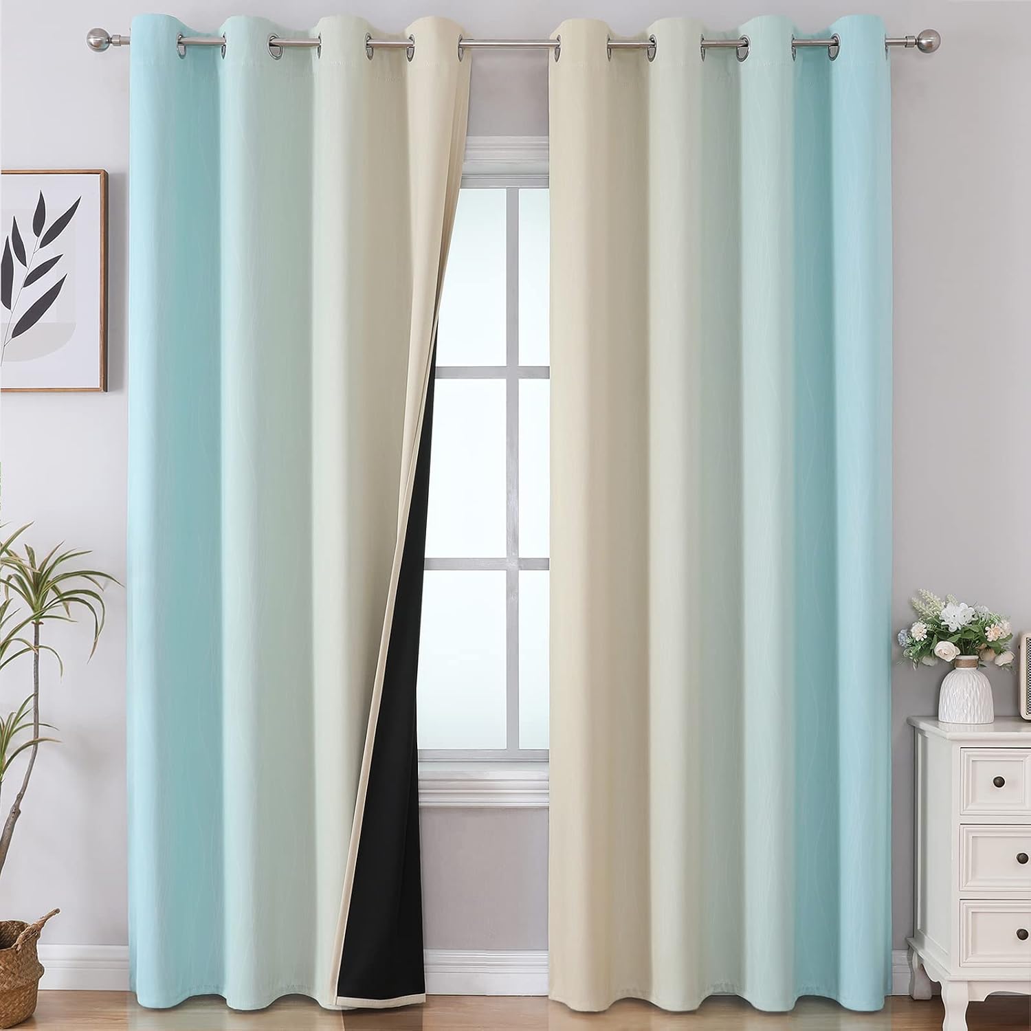 Estelartextiler Estelar Textiler Beige and Aqua Ombre Blackout Curtains 90 Inch Length 2 Panels Set, Thermal Insulated Drapes for Bedroom,…