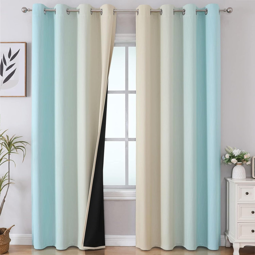 Estelartextiler Estelar Textiler Beige and Aqua Blackout Curtains for Bedroom, Thermal Insulated Drapes 108 Inches Long, Full Light Blockin…