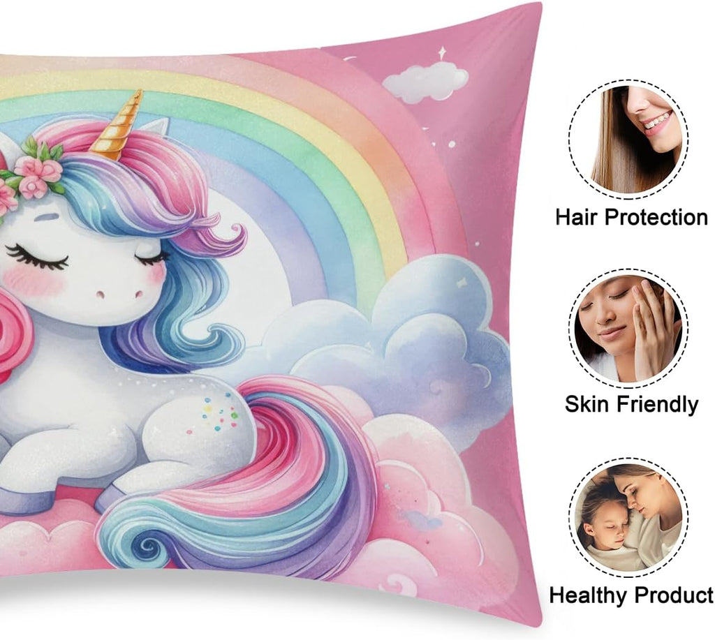 Unicorn Rainbow Cloud Satin Silk Pillowcase for Hair and Skin Pillow Cases Queen Size Soft Silk Pillow Case with Envelope Closure Print…