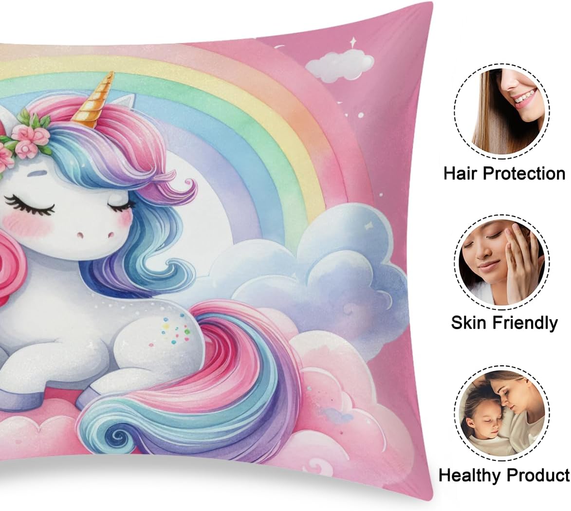 Unicorn Rainbow Cloud Satin Silk Pillowcase for Hair and Skin Pillow Cases Queen Size Soft Silk Pillow Case with Envelope Closure Print…