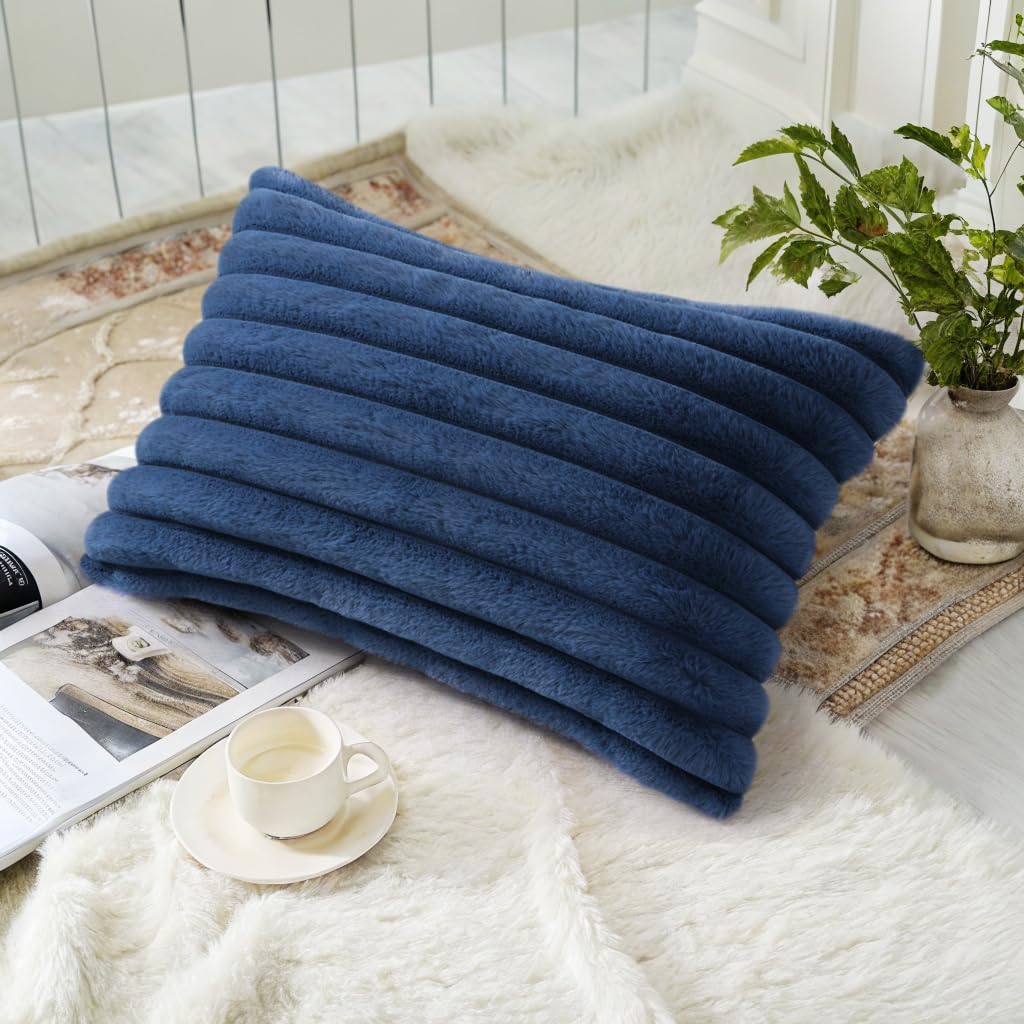 decorUhome Cozy Faux Fur Throw Pillow Covers 12x20 Set of 2 Decorative Soft Plush Striped Lumbar Modern Farmhouse Boho Couch Pillow Cases w…