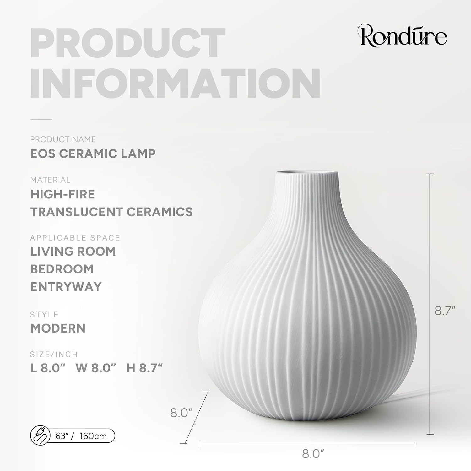 Rondure 8.7" Modern Ceramic Table Lamp, Fully Dimmable Modern Bedside Lamps for Bedroom, Living Room and Nightstand, White Translucent Cera…