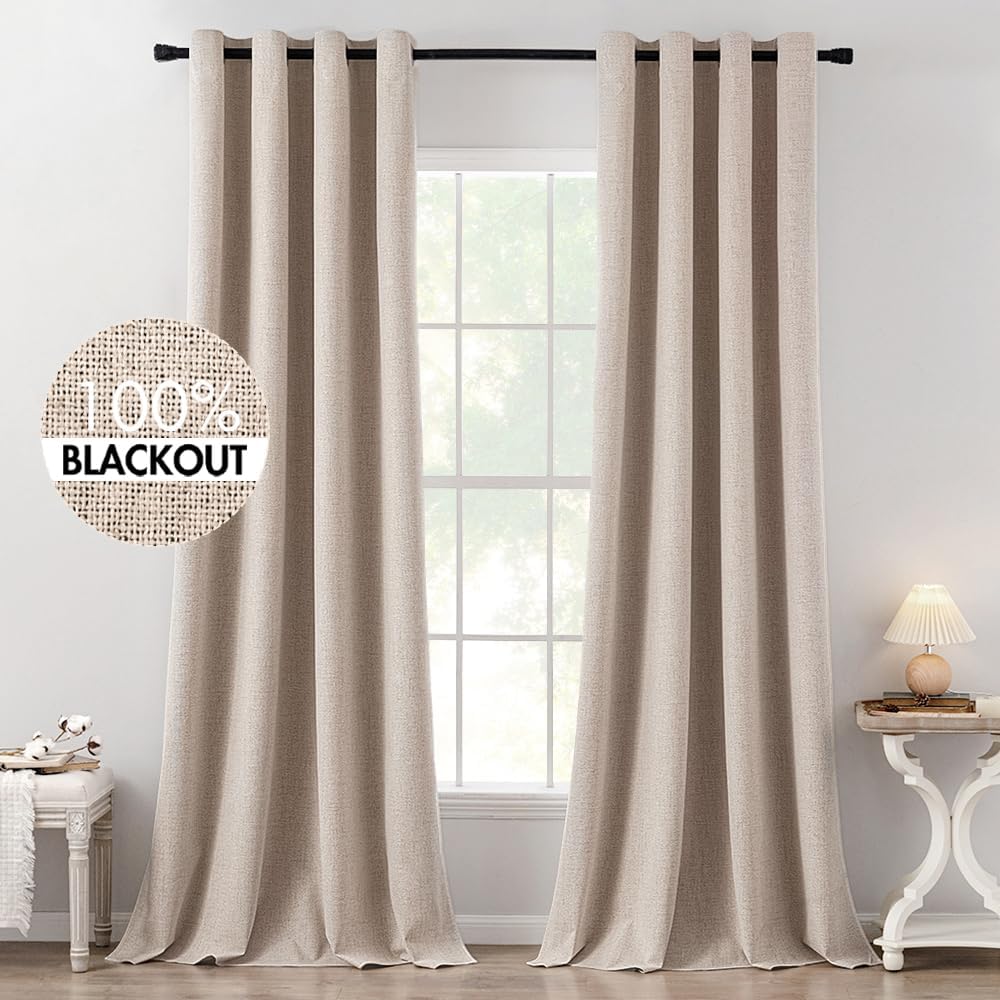 Miulee 100% Blackout Linen Textured Curtains for Bedroom Solid Thermal Insulated Natural Beige Grommet Room Darkening Curtains & Drapes Lux…