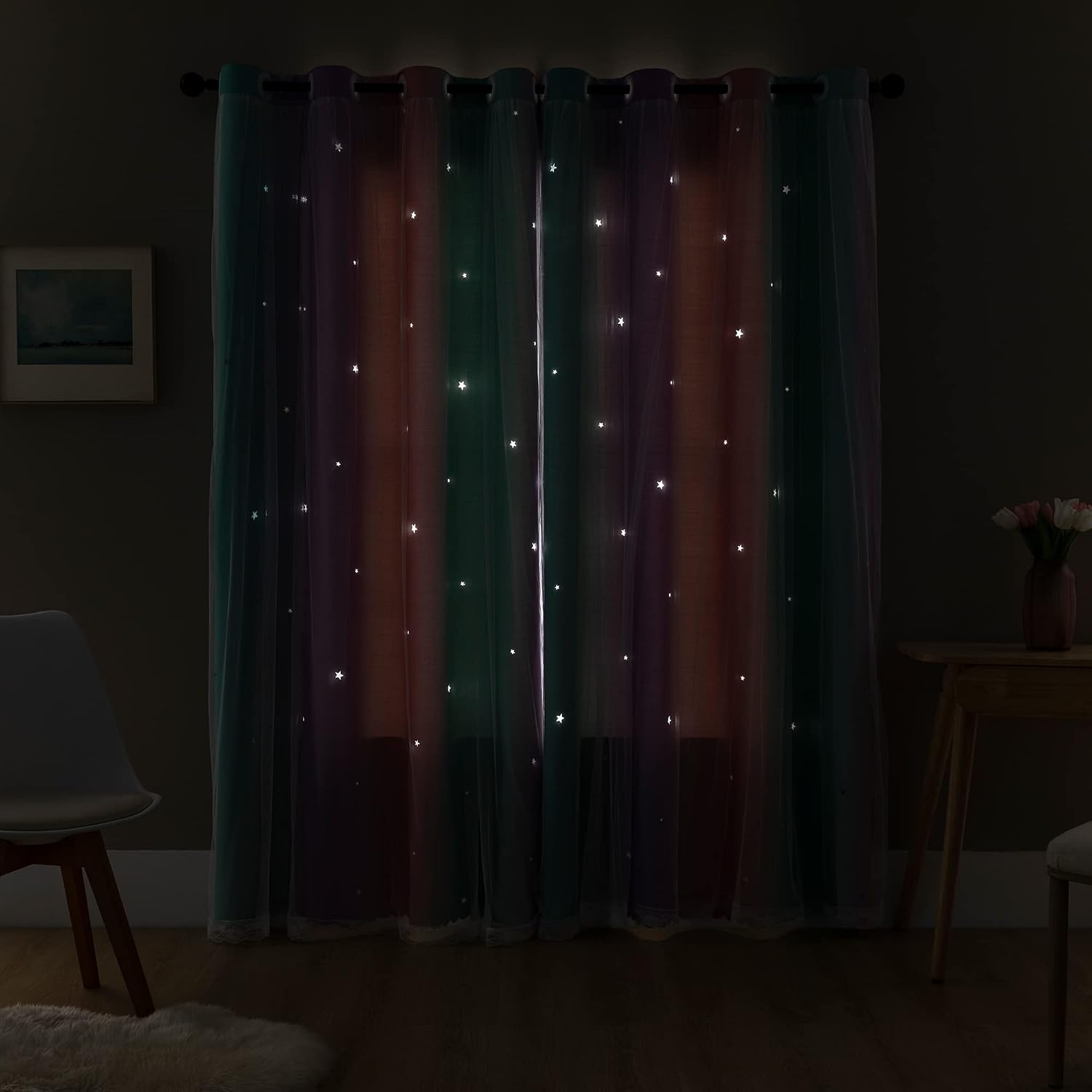 Addsomecolortolife XiDi Curtains for Bedroom Kids Rainbow Pink Purple Green Curtains for Girls Room Darkening 42/79 1.6 inch Pink