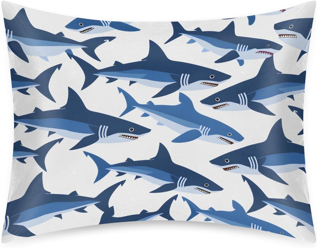 Shark Blue Animal Satin Silk Pillowcase for Hair and Skin Pillow Cases Standard Size Soft Silk Pillow Case with Envelope Closure Print…
