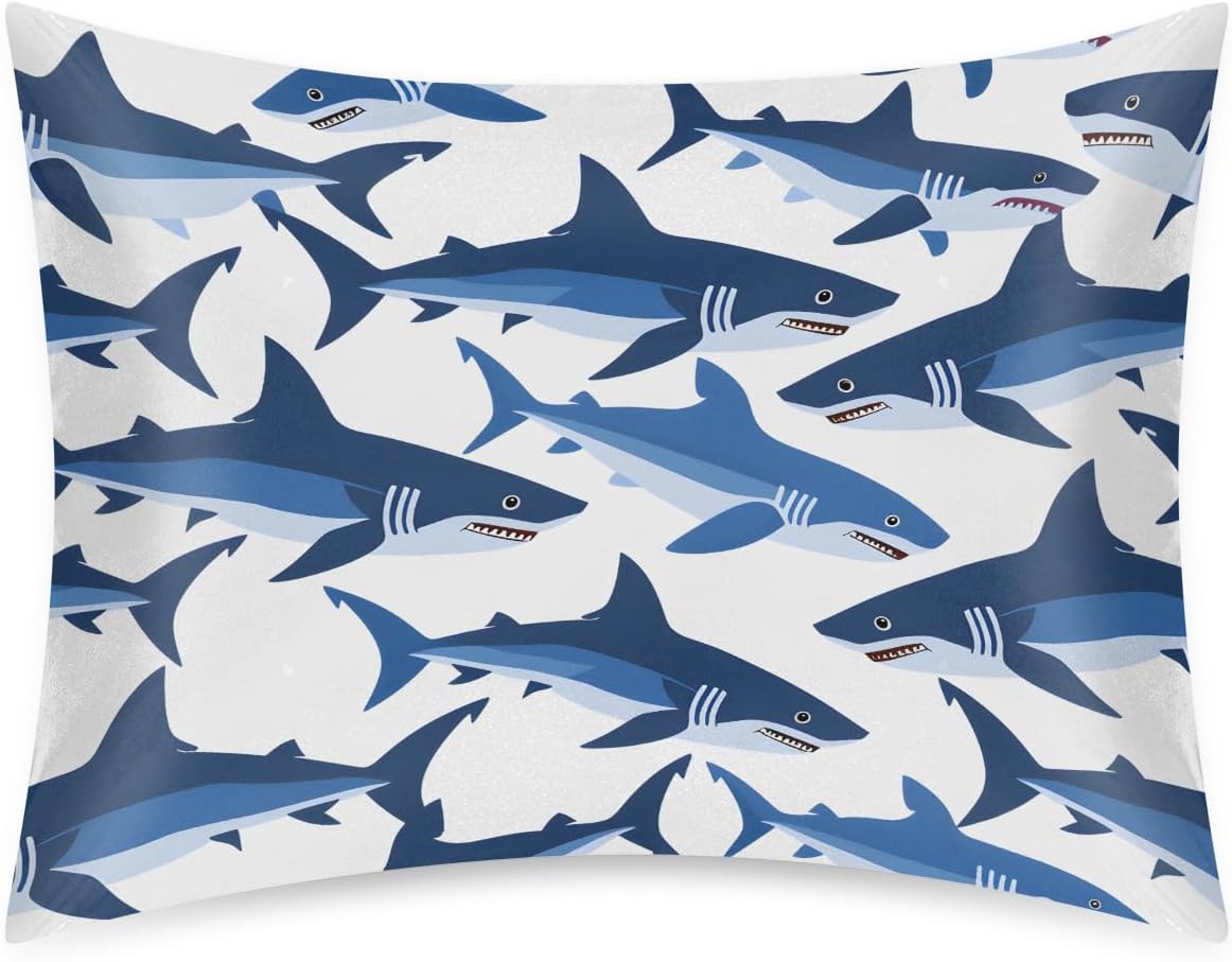 Shark Blue Animal Satin Silk Pillowcase for Hair and Skin Pillow Cases Standard Size Soft Silk Pillow Case with Envelope Closure Print…