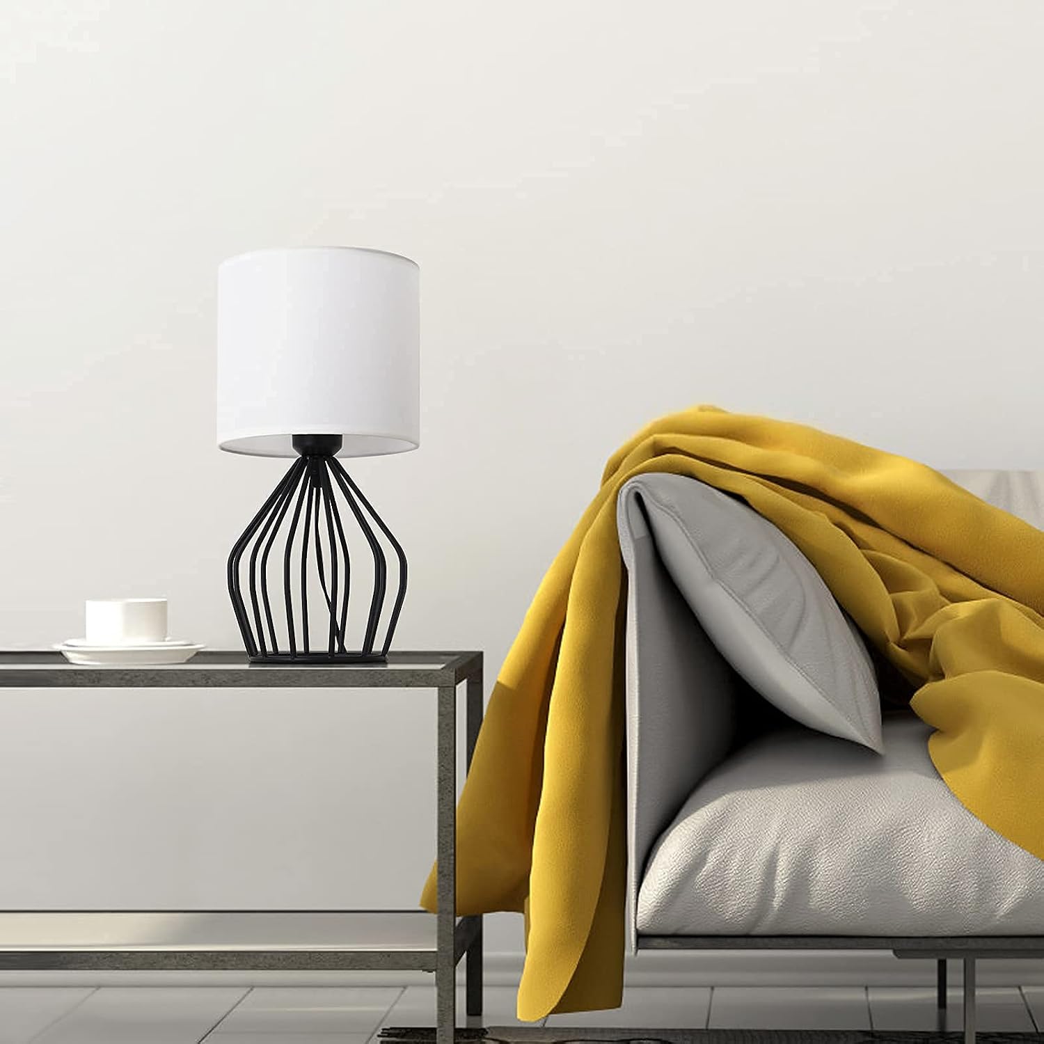 HAITRAL Modern Bedside Table Lamp - Minimalist Small Lamp with Hollowed Out Base Linen Fabric Shade, Metal Nightstand Lamp for Bedroom…