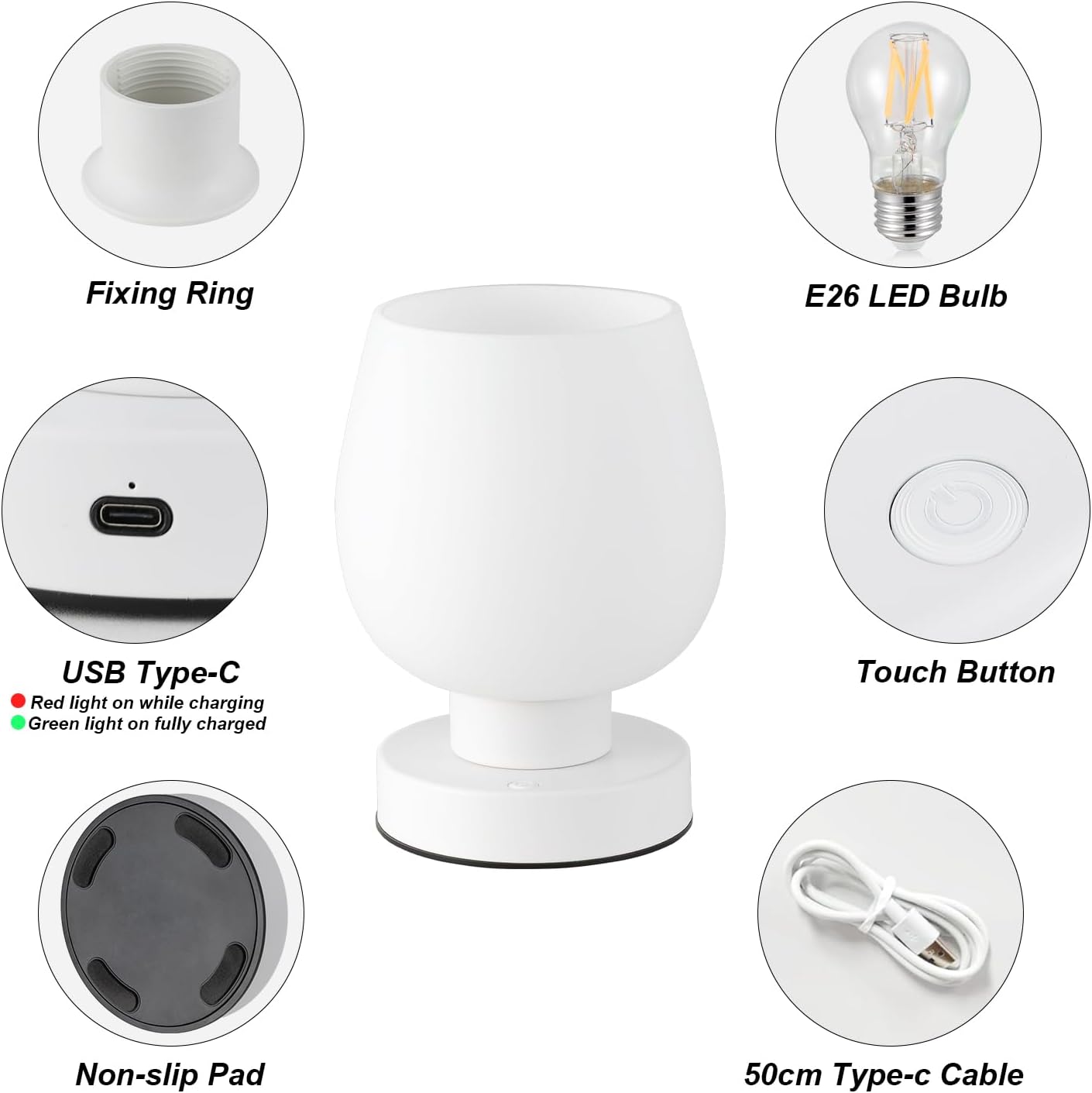 Seealle Cordless Touch Table Lamp for Nightstand - Small Bedside Lamp for Bedroom Night Stands, Desk Lamp with White Glass Shade for…