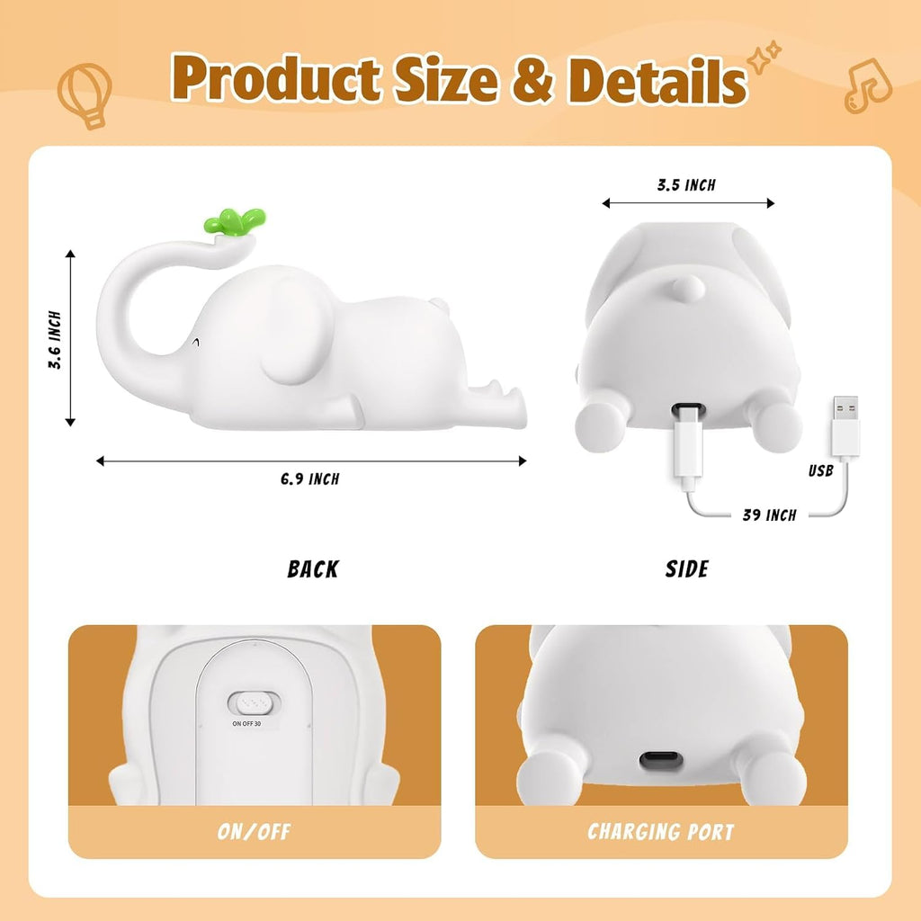 Silicone Elephant Night Light for Kids - 3-Level Dimmable & Rechargeable LED Lamp, Touch Control Soft Animal Light for Nursery, Baby Room…