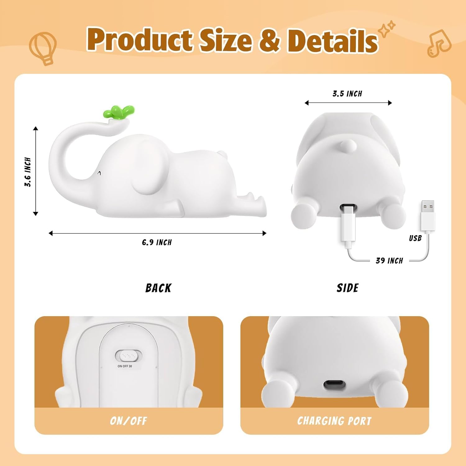 Silicone Elephant Night Light for Kids - 3-Level Dimmable & Rechargeable LED Lamp, Touch Control Soft Animal Light for Nursery, Baby Room…