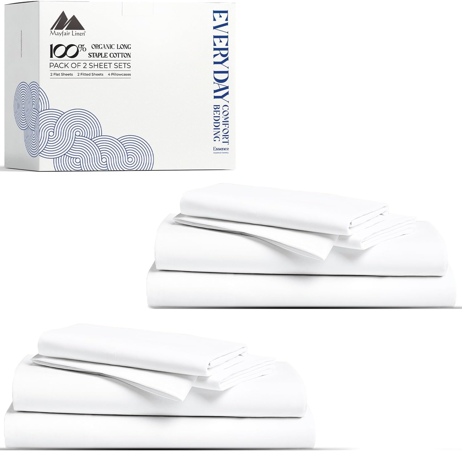 Mayfair Linen 100% Organic Cotton Percale Sheets Twin Size Pack or 2 - Soft & Crisp Organic Cotton Sheets Twin Size (6 PC, White), Dorm…